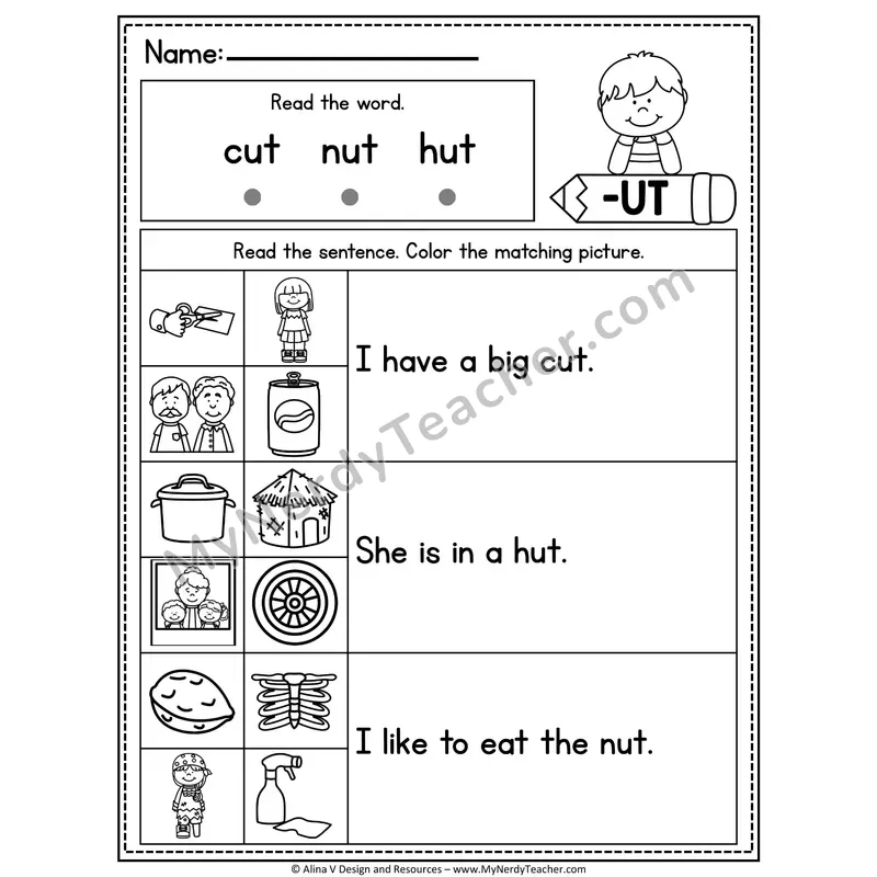 CVC Fluency Sentences — -UT Word Family Read and Match Pictures