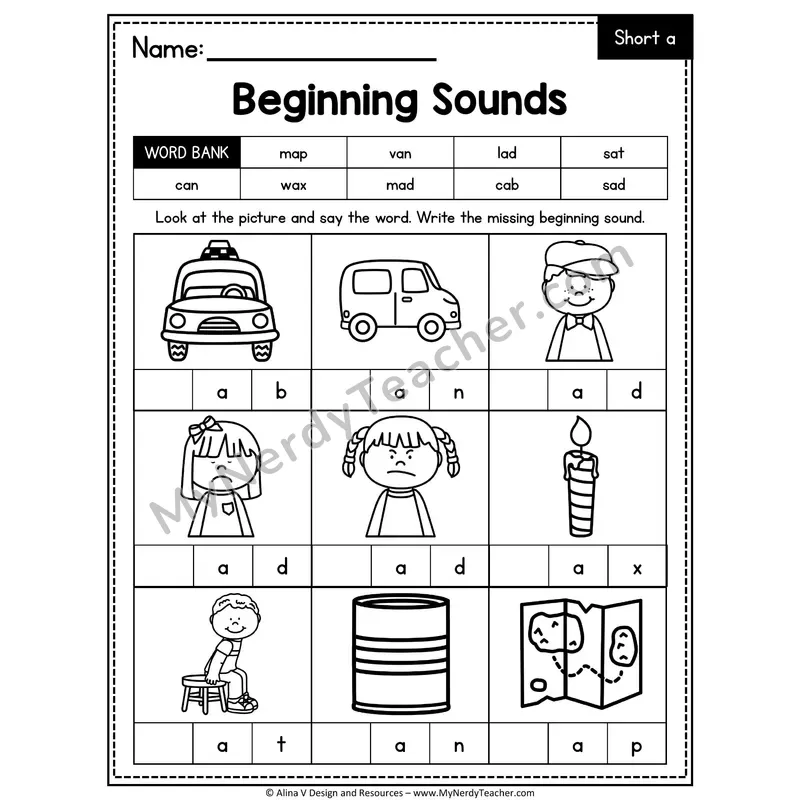 CVC Beginning Sounds Worksheet — Short A Initial Letter 2 of 5