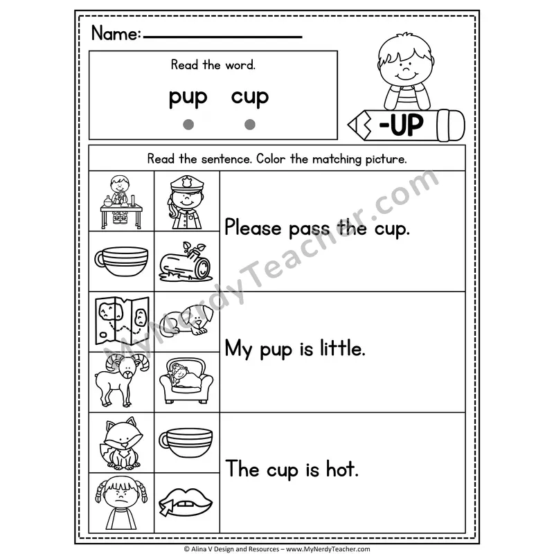 CVC Fluency Sentences — -UP Word Family Read and Match Pictures