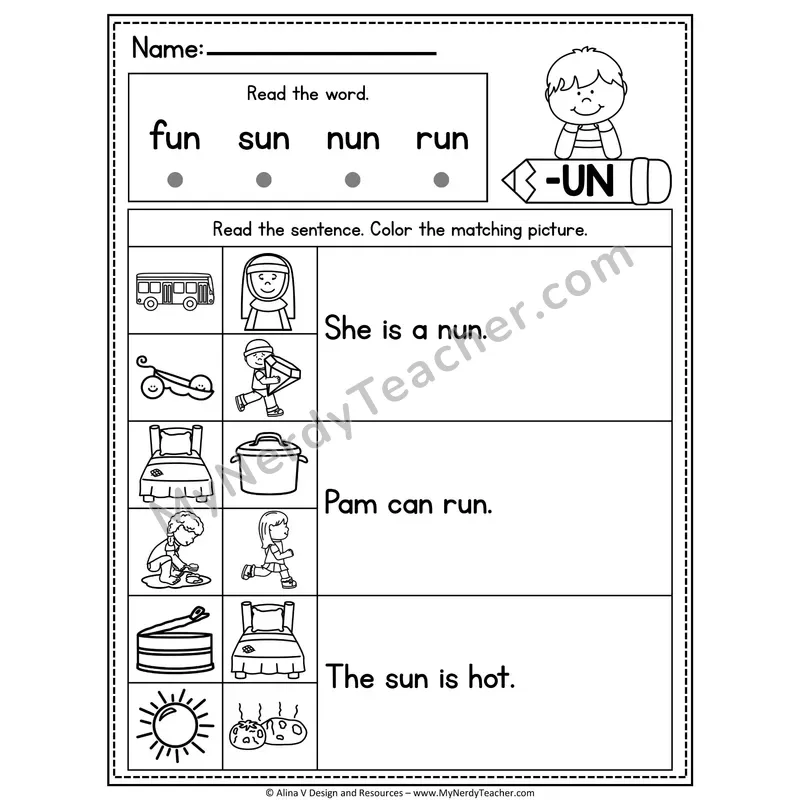 CVC Fluency Sentences — -UN Word Family Read and Match Pictures
