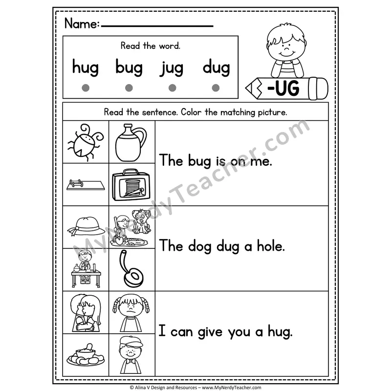 CVC Fluency Sentences — -UG Word Family Read and Match Pictures