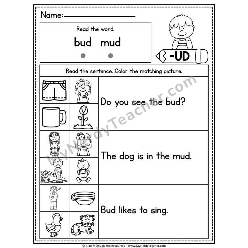 CVC Fluency Sentences — -UD Word Family Read and Match Pictures