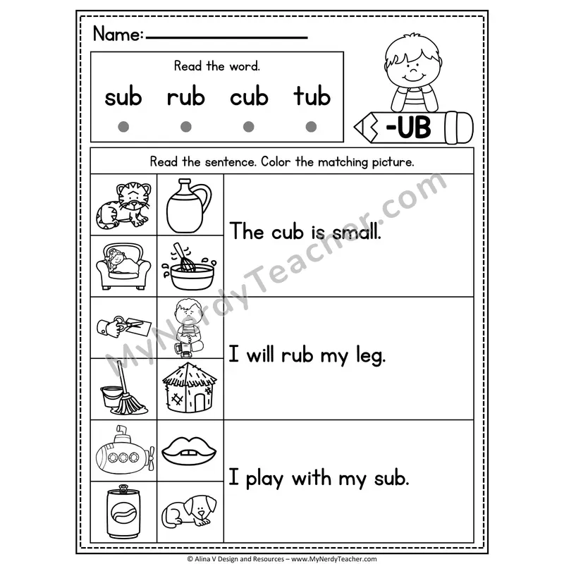 CVC Fluency Sentences — -UB Word Family Read and Match Pictures