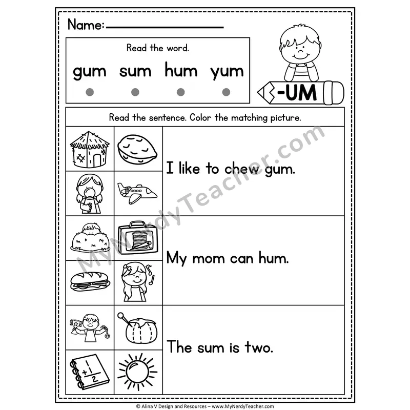 CVC Fluency Sentences — -UM Word Family Read and Match Pictures