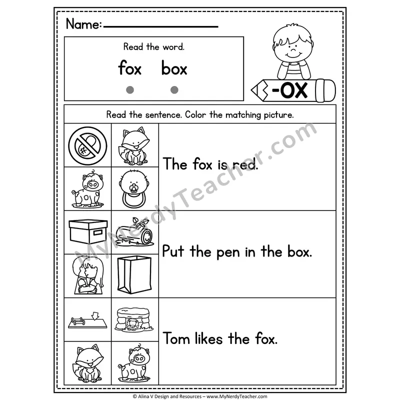 CVC Fluency Sentences — -OX Word Family Read and Match Pictures