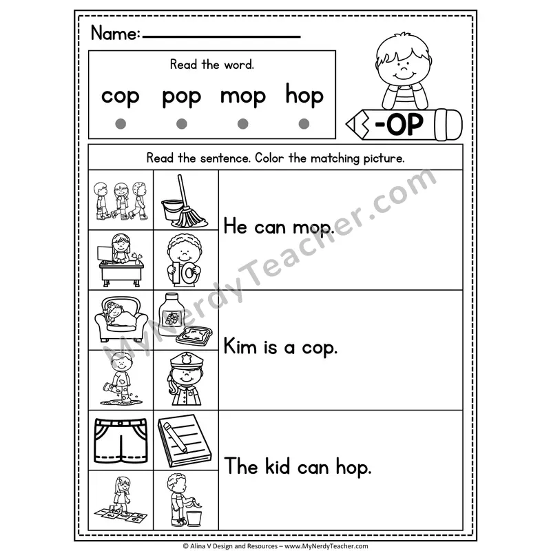 CVC Fluency Sentences — -OP Word Family Read and Match Pictures