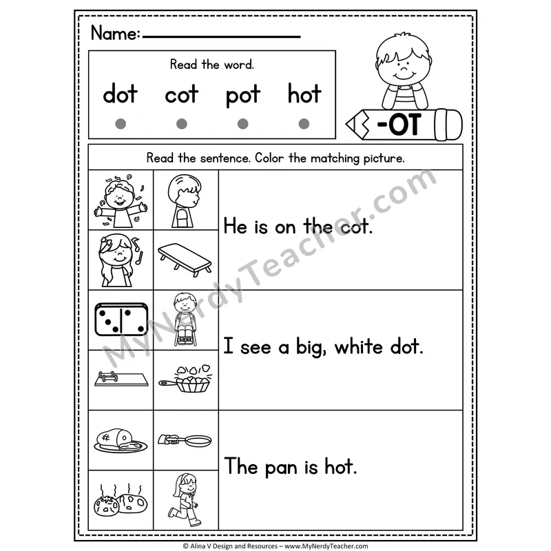 CVC Fluency Sentences — -OT Word Family Read and Match Pictures