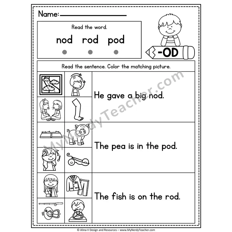 CVC Fluency Sentences — -OD Word Family Read and Match Pictures