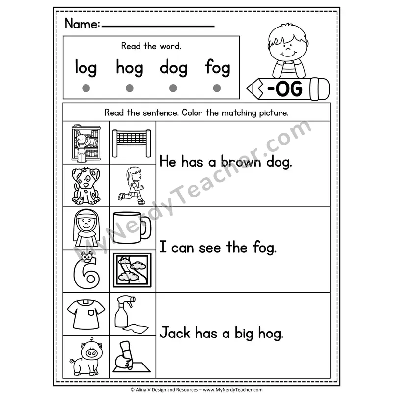 CVC Fluency Sentences — -OG Word Family Read and Match Pictures