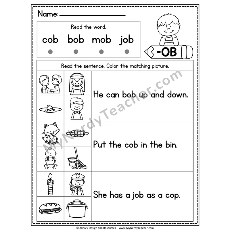 CVC Fluency Sentences — -OB Word Family Read and Match Pictures