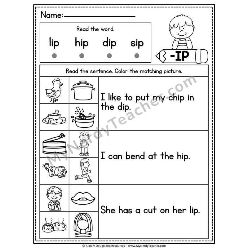 CVC Fluency Sentences — -IP Word Family Read and Match Pictures