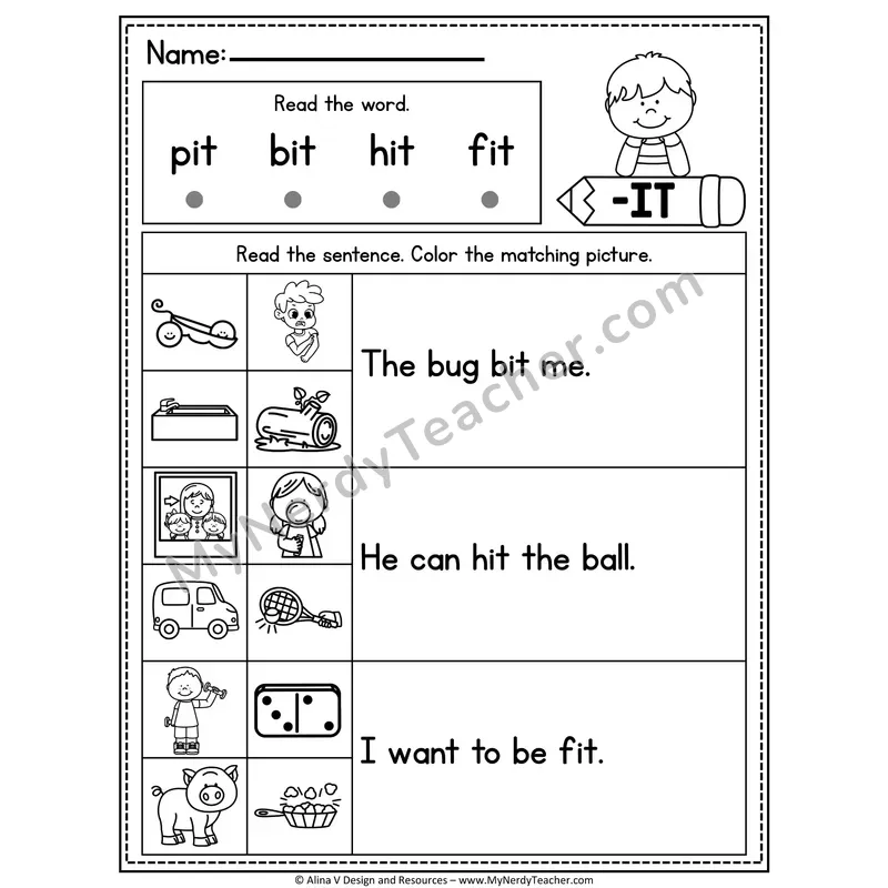 CVC Fluency Sentences — -IT Word Family Read and Match Pictures
