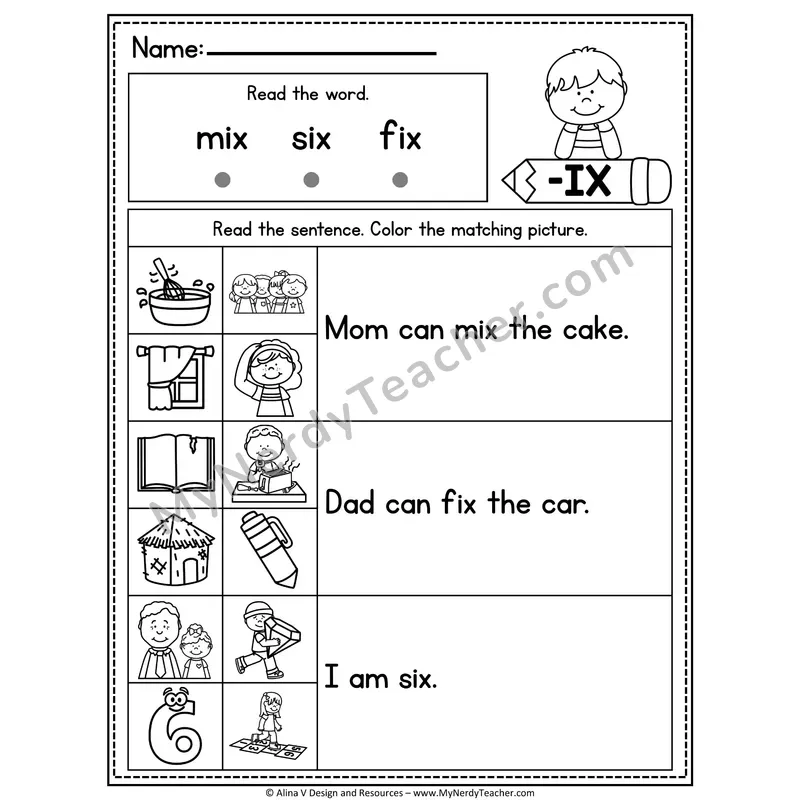 CVC Fluency Sentences — -IX Word Family Read and Match Pictures