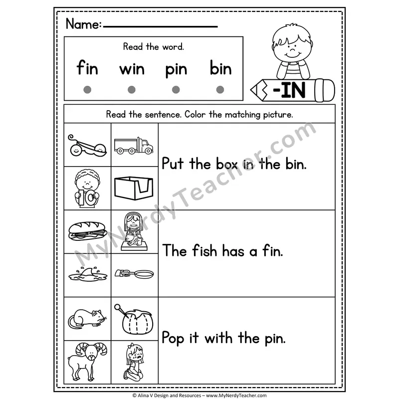 CVC Fluency Sentences — -IN Word Family Read and Match Pictures