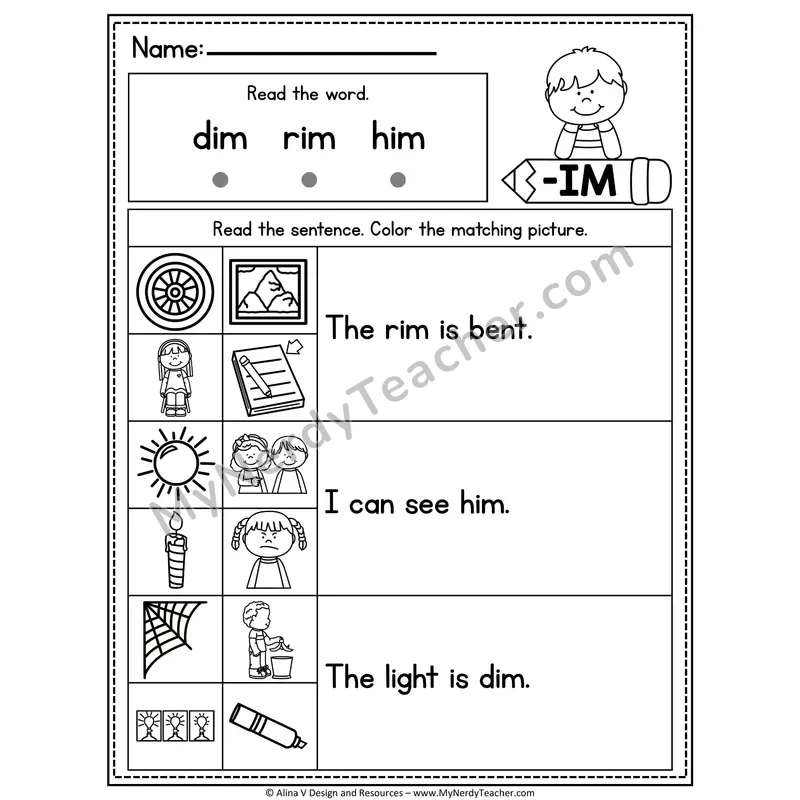 CVC Fluency Sentences — -IM Word Family Read and Match Pictures