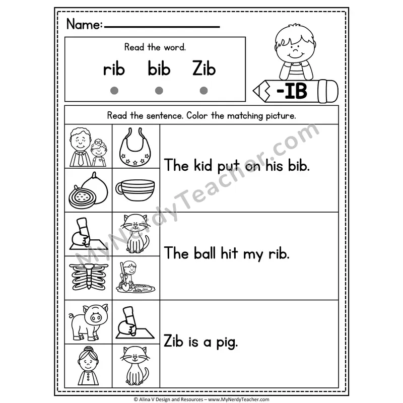 CVC Fluency Sentences — -IB Word Family Read and Match Pictures