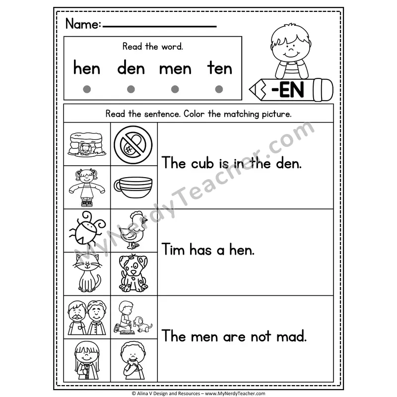 CVC Fluency Sentences — -EN Word Family Read and Match Pictures