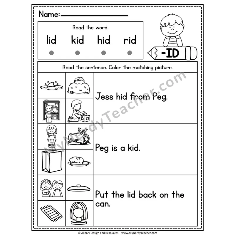 CVC Fluency Sentences — -ID Word Family Read and Match Pictures