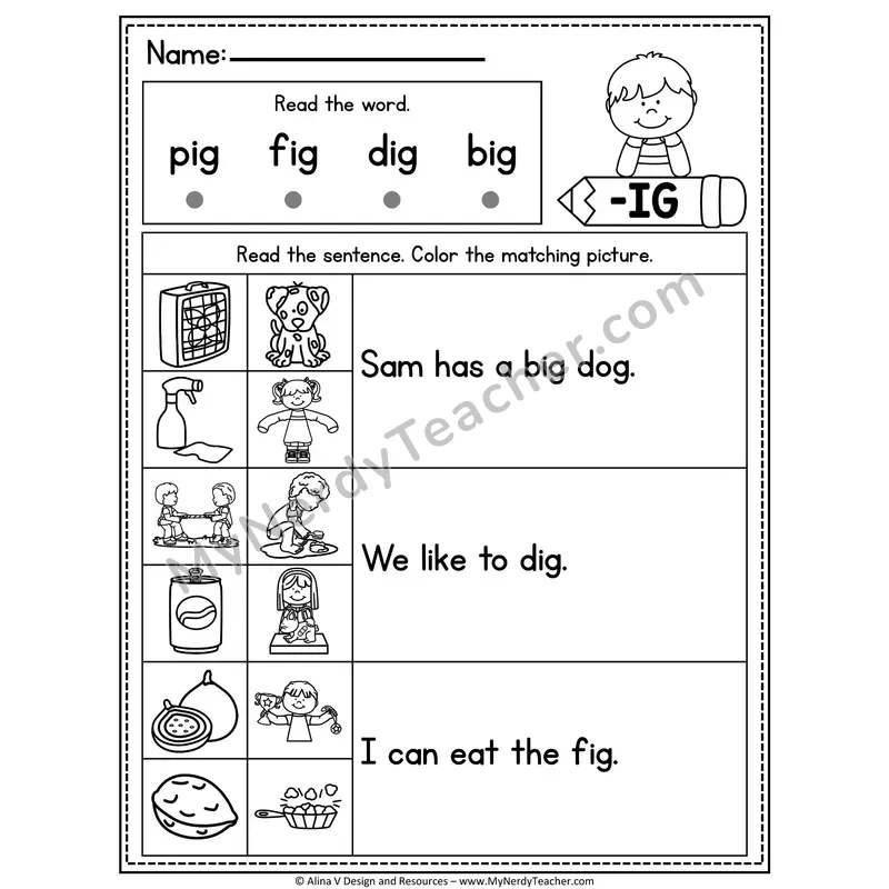 CVC Fluency Sentences — -IG Word Family Read and Match Pictures