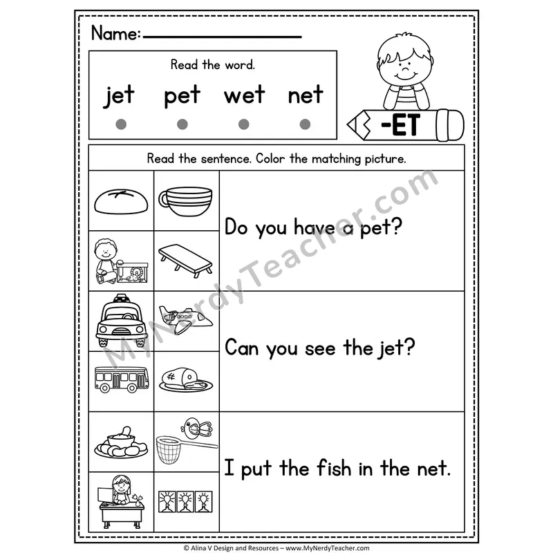 CVC Fluency Sentences — -ET Word Family Read and Match Pictures