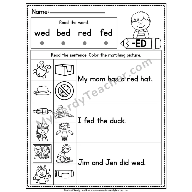 CVC Fluency Sentences — -ED Word Family Read and Match Pictures