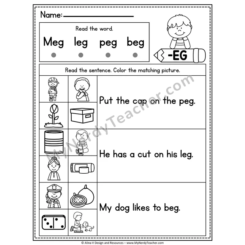 CVC Fluency Sentences — -EG Word Family Read and Match Pictures