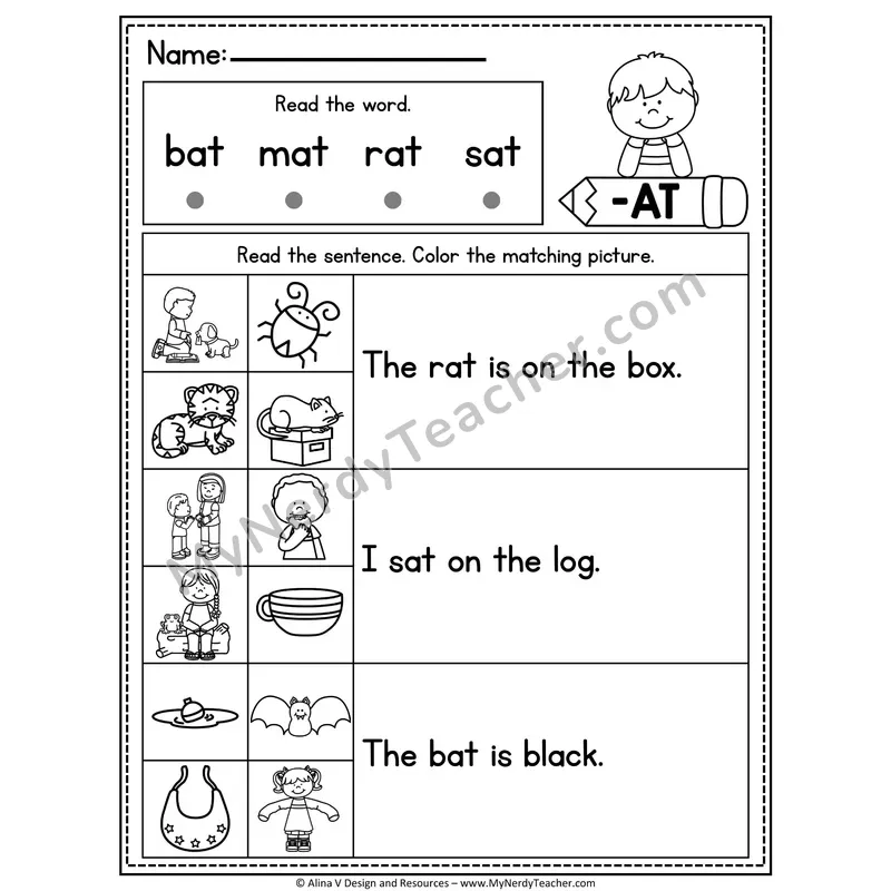 CVC Fluency Sentences — -AT Word Family Read and Match Pictures
