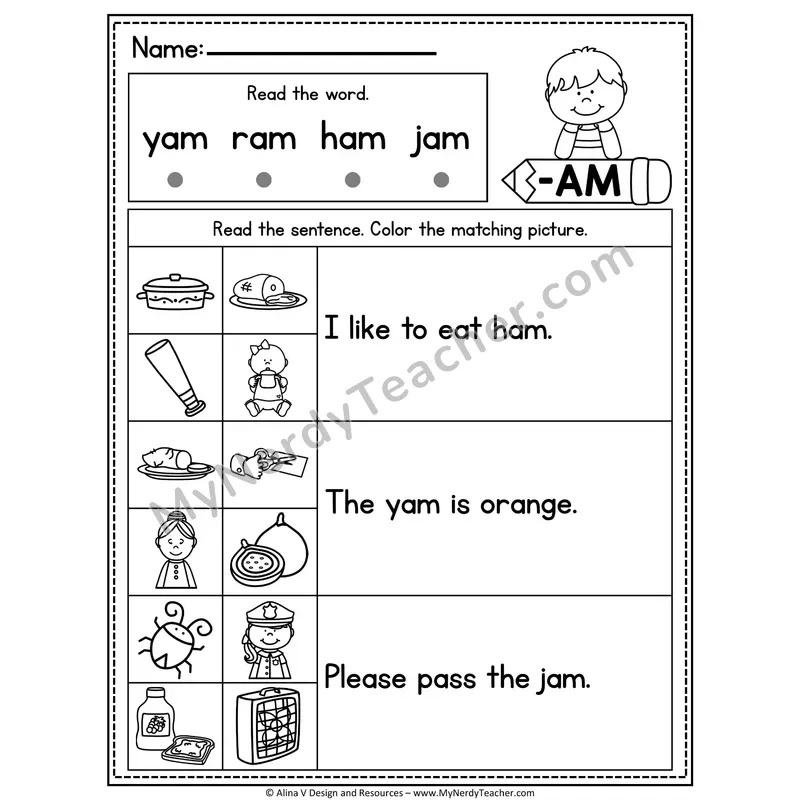 CVC Fluency Sentences — -AM Word Family Read and Match Pictures