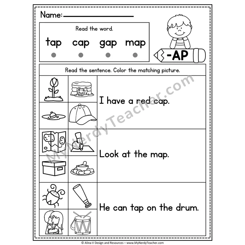 CVC Fluency Sentences — -AP Word Family Read and Match Pictures