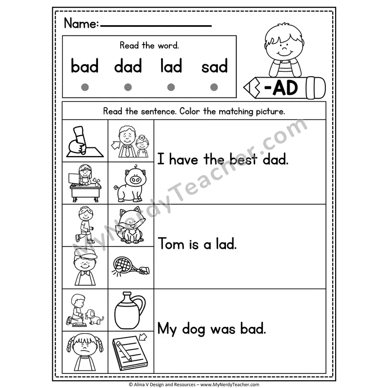 CVC Fluency Sentences — -AD Word Family Read and Match Pictures