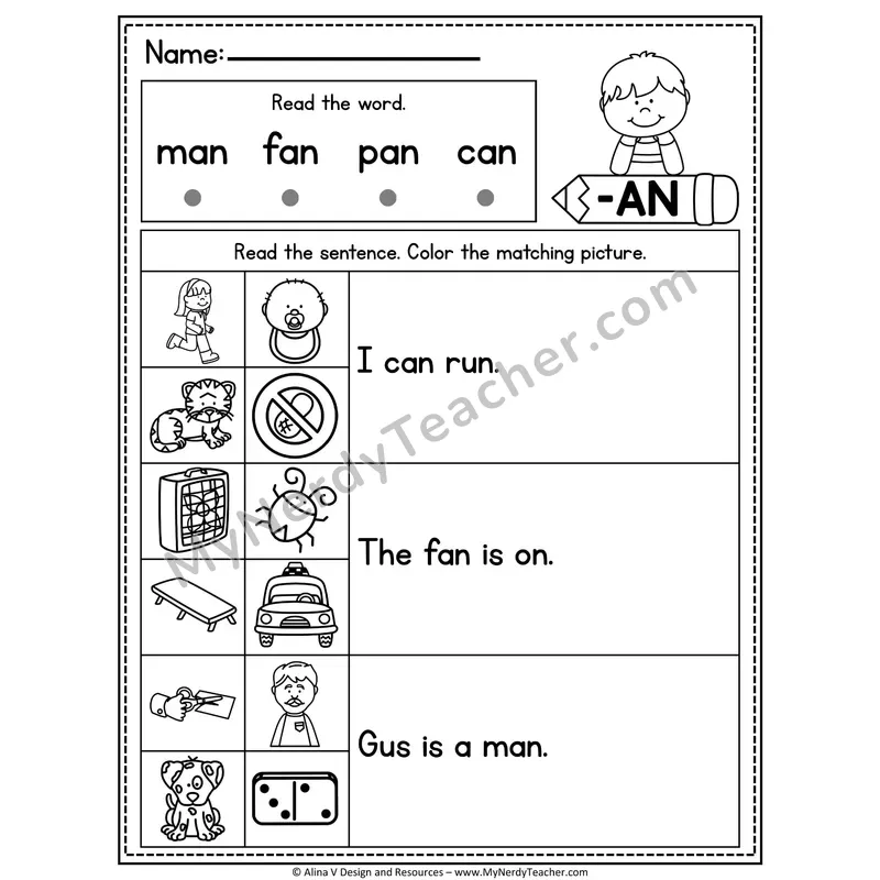 CVC Fluency Sentences — -AN Word Family Read and Match Pictures