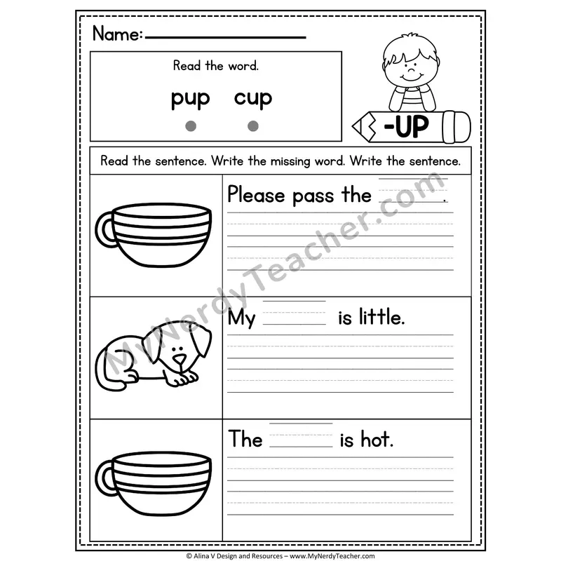 CVC Fluency Missing Words — -UP Word Family Write the Sentence