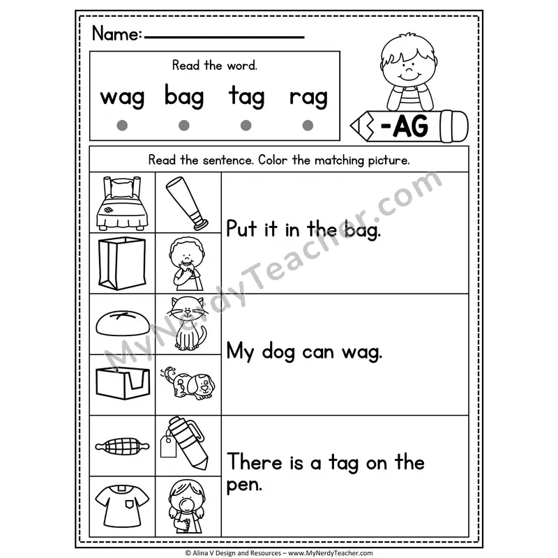 CVC Fluency Sentences — -AG Word Family Read and Match Pictures