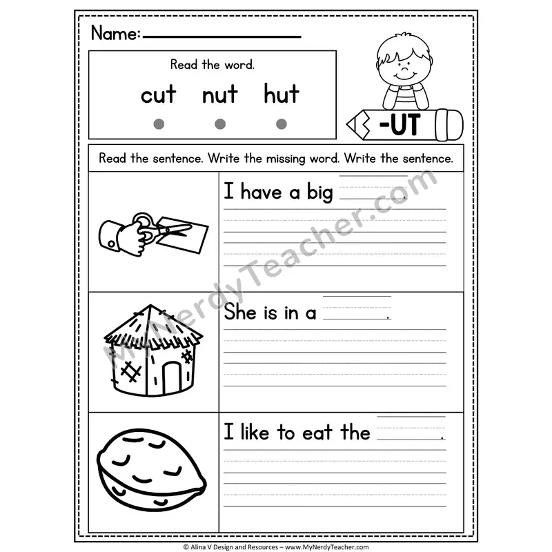 CVC Fluency Missing Words — -UT Word Family Write the Sentence