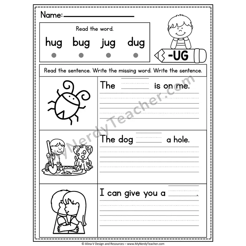 CVC Fluency Missing Words — -UG Word Family Write the Sentence