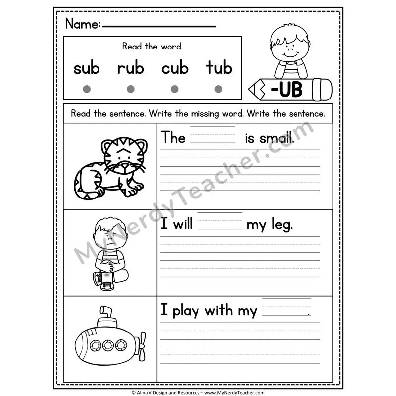 CVC Fluency Missing Words — -UB Word Family Write the Sentence