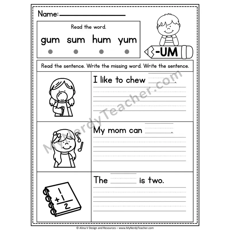 CVC Fluency Missing Words — -UM Word Family Write the Sentence