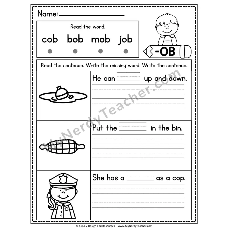CVC Fluency Missing Words — -OB Word Family Write the Sentence
