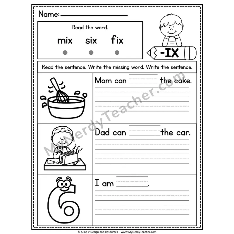 CVC Fluency Missing Words — -IX Word Family Write the Sentence