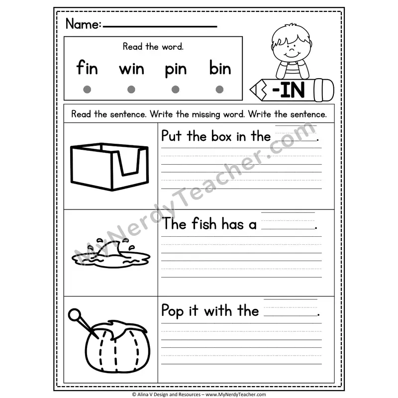 CVC Fluency Missing Words — -IN Word Family Write the Sentence