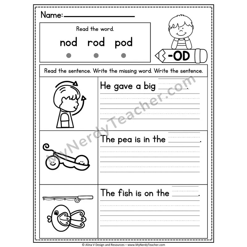 CVC Fluency Missing Words — -OD Word Family Write the Sentence