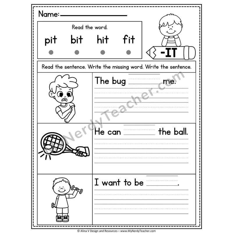 CVC Fluency Missing Words — -IT Word Family Write the Sentence