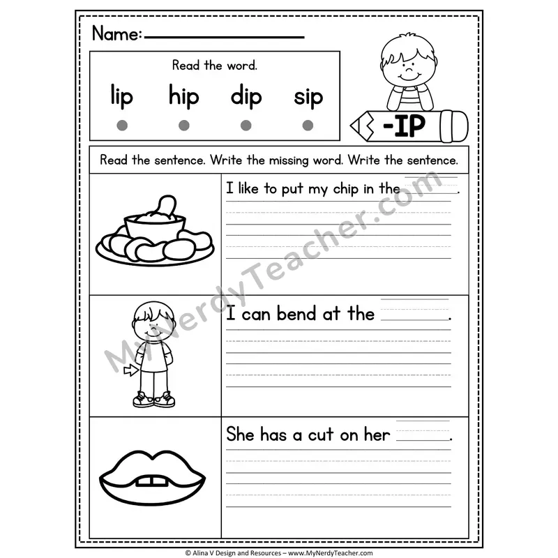 CVC Fluency Missing Words — -IP Word Family Write the Sentence