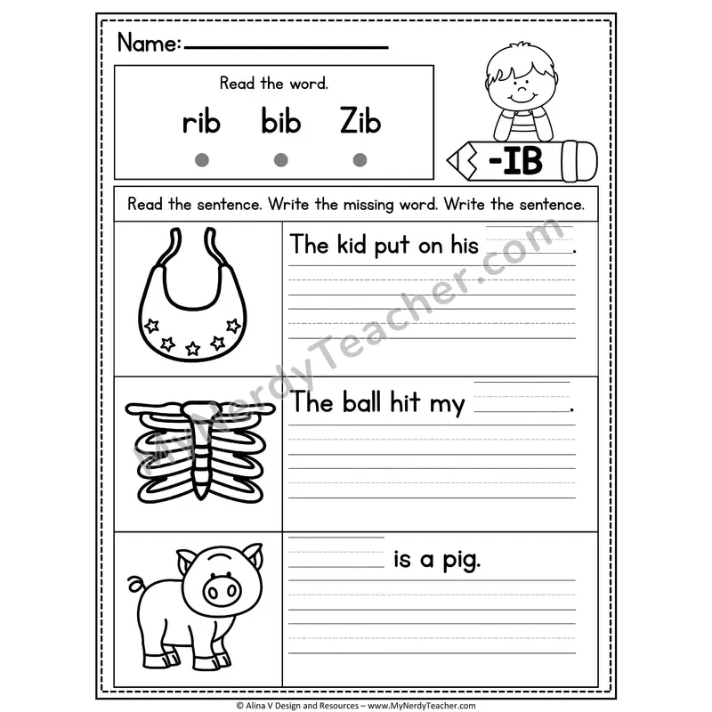 CVC Fluency Missing Words — -IB Word Family Write the Sentence