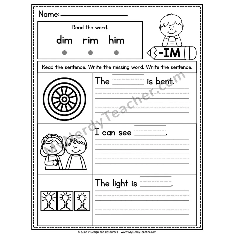 CVC Fluency Missing Words — -IM Word Family Write the Sentence