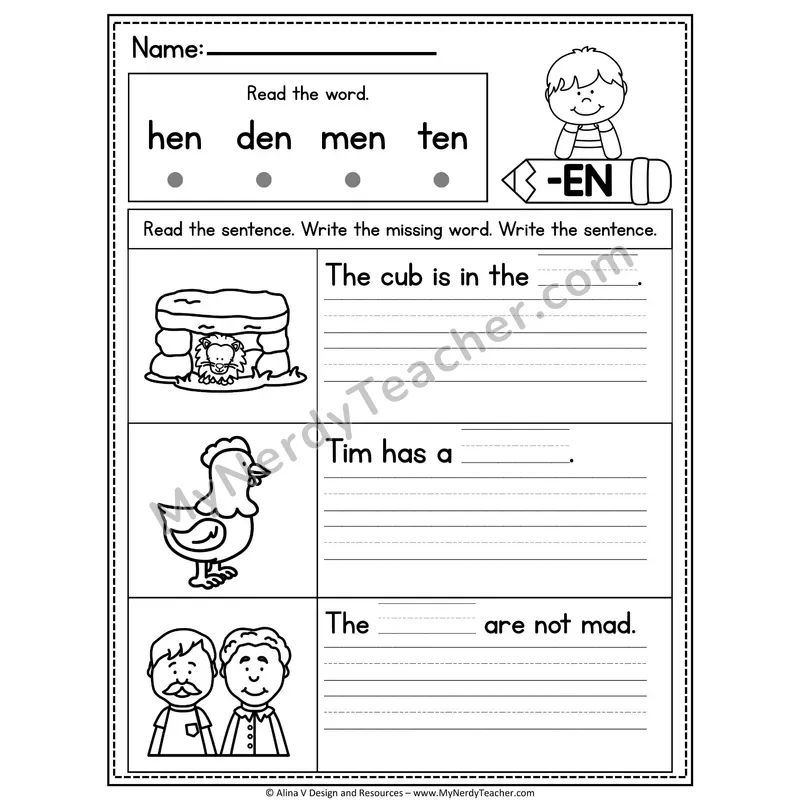 CVC Fluency Missing Words — -EN Word Family Write the Sentence