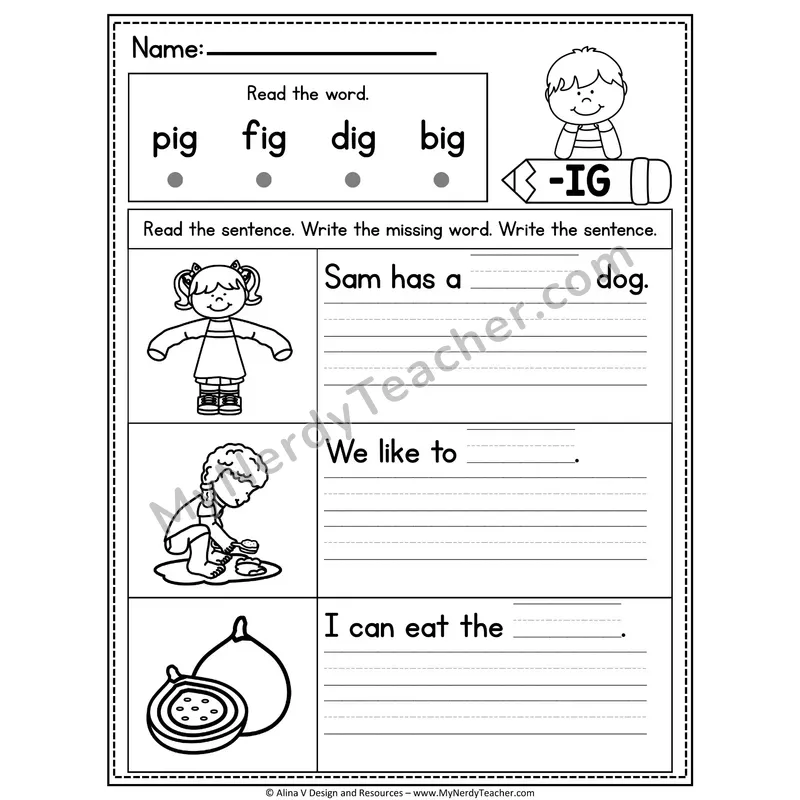 CVC Fluency Missing Words — -IG Word Family Write the Sentence
