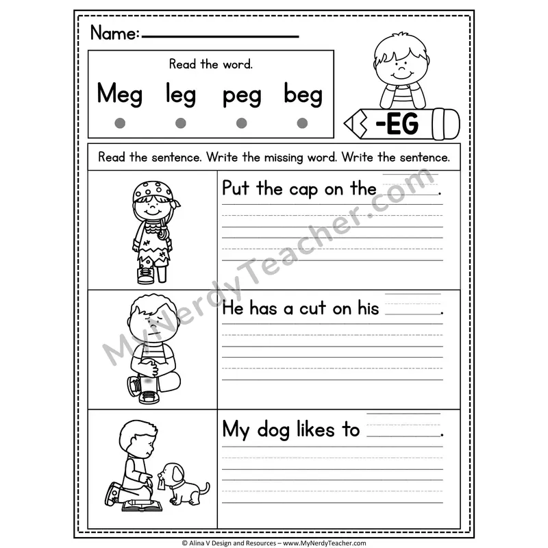 CVC Fluency Missing Words — -EG Word Family Write the Sentence