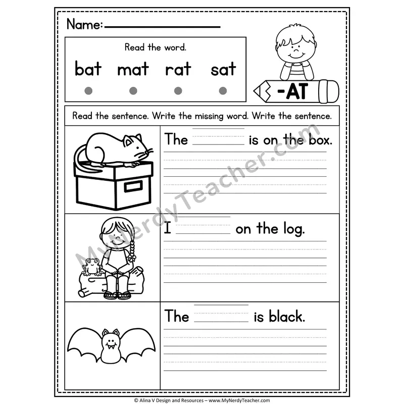 CVC Fluency Missing Words — -AT Word Family Write the Sentence