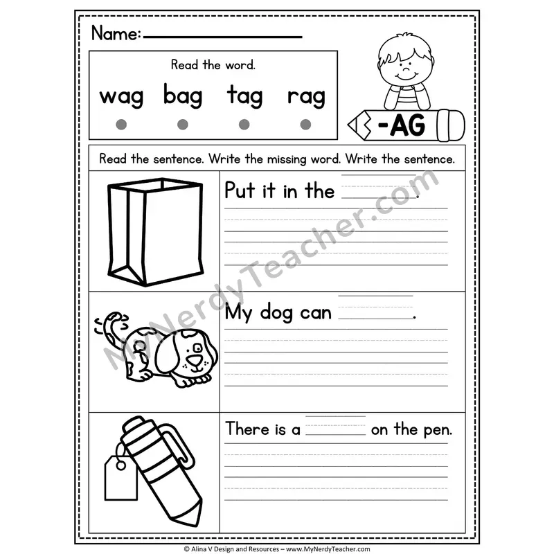 CVC Fluency Missing Words — -AG Word Family Write the Sentence